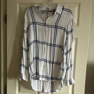 White and Blue Plaid Button-Up Shirt